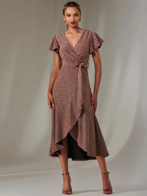 Weekend Wear Marlie Metallic Angel Sleeve Maxi Dress, Gold/Red