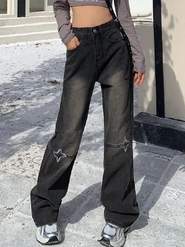 Cozy Fit Wear Star Embroidery High Rise Boyfriend Jeans