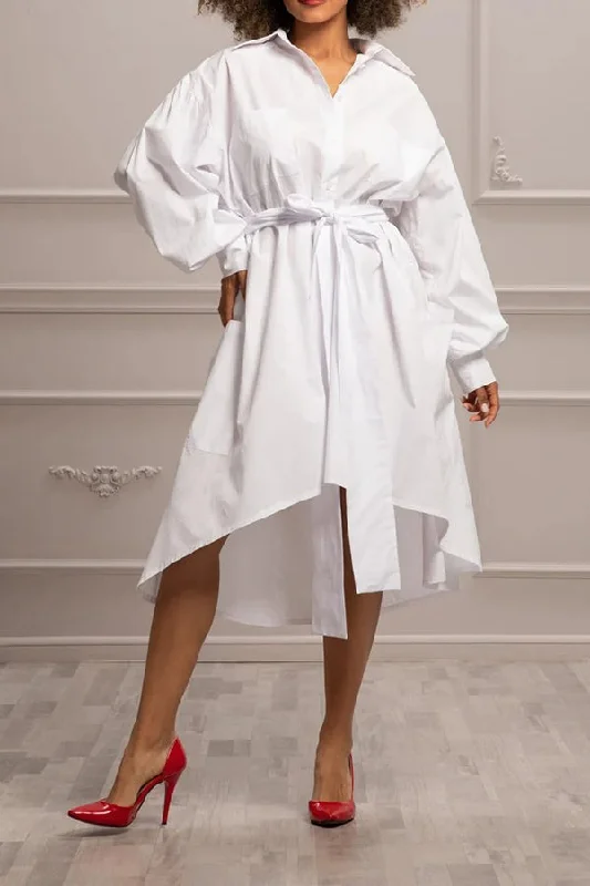 Soft Style Casual Single Breasted Loose Shirt Midi Dress