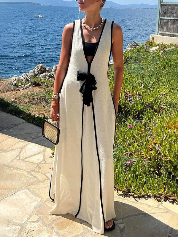 Soft Touch Contrast Color Self-Tie Charming Flowy Oversized Maxi Dress