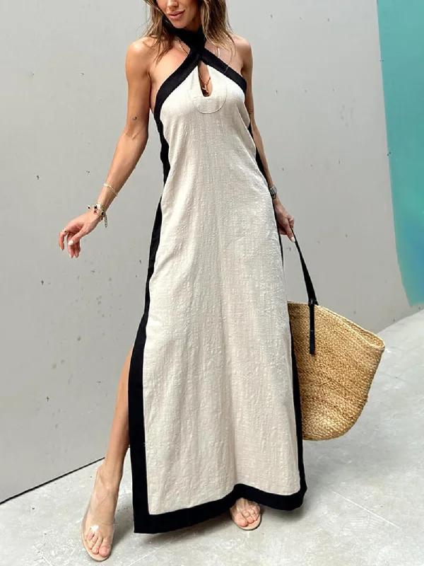 Lounge Chic Color Block Halter Charming Neck Slit Maxi Dress
