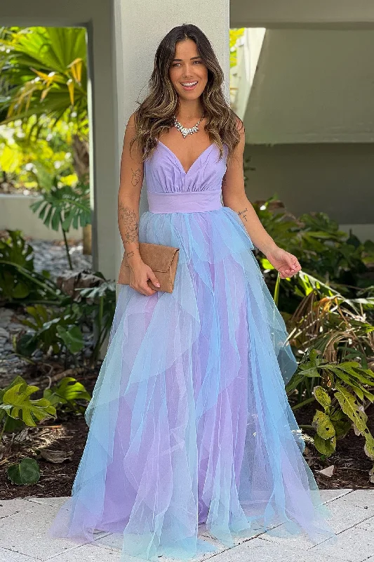 Luxe Comfort Lavender And Blue Ruffled Mesh Maxi Dress