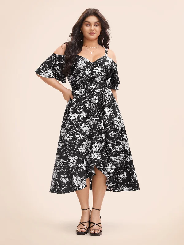 All-Day Wear Floral Heart Neckline Ruffle Trim Dress