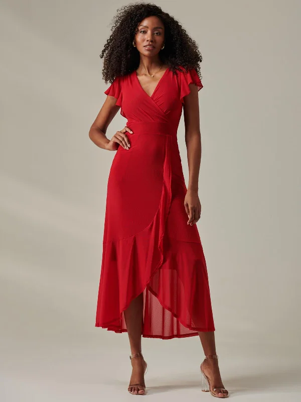 Relaxed Wear Plain Wrap Mesh Maxi Dress, Red