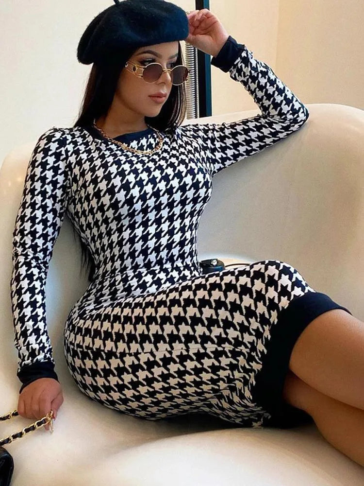 Relaxed Chic Houndstooth Long Sleeve Hollow Out Bodycon Sexy Autumn Winter Club Elegant Slim Midi Dresses