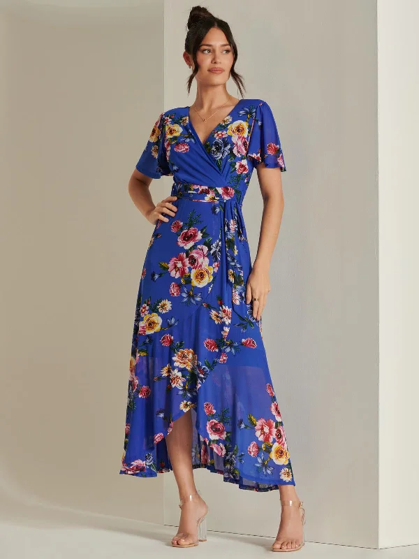 Cozy Layers Frill Dip Hem Mesh Maxi Dress, Royal Floral