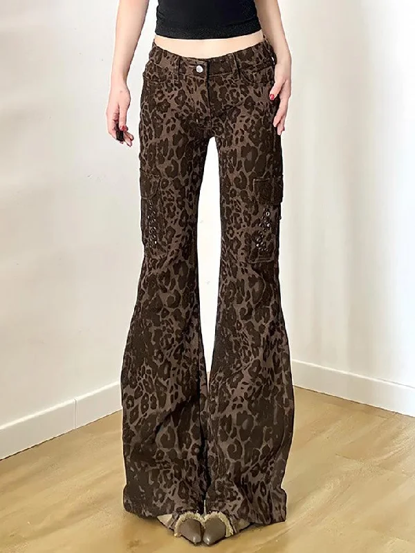 Fresh Comfort Vintage Leopard Print Multi-Pocket Flared Jeans