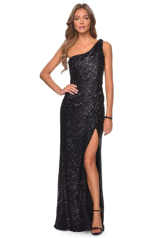Comfortable Outfits La Femme - 28401 Asymmetrical Textured Sequined Dress with Slit
