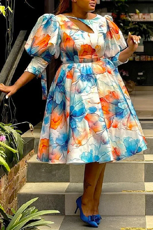 Layered Style Keyhole Neck Floral Print Lantern Sleeve Midi Dress