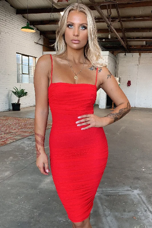 Relaxed Style Zena Mesh Midi Dress - Red