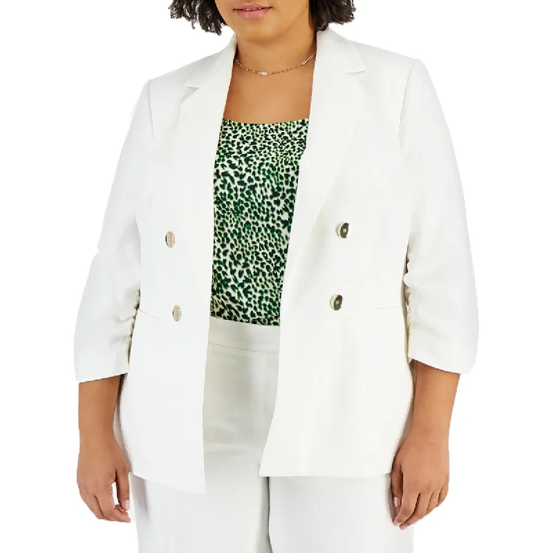 Free Design Bar III Womens Plus Ruched Linen Open-Front Blazer