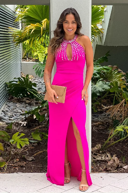 Cozy Outfit Hot Pink Halter Neck Maxi Dress With Rhinestone