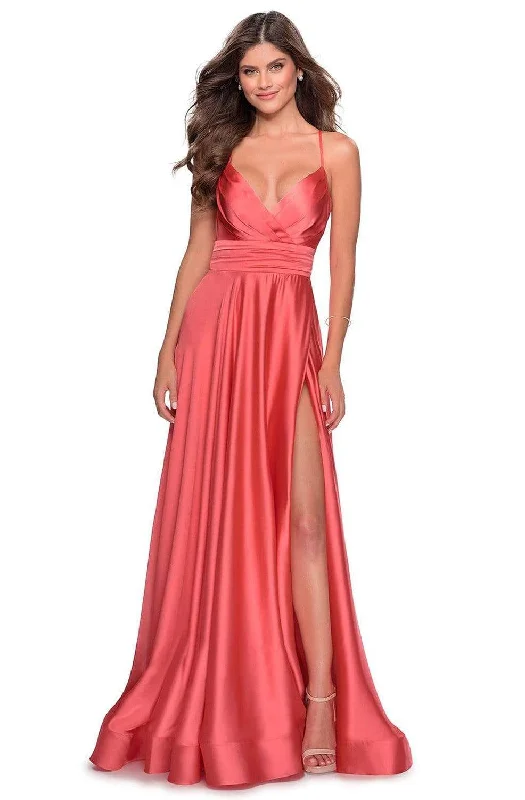 Exquisite Craftsmanship La Femme - 28571 Satin Deep V-neck A-line Gown