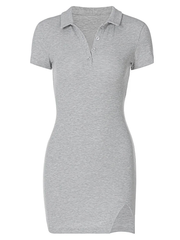 Breathable Comfort Short Sleeve Slit Cute Solid Party Clothing Midi Dresses