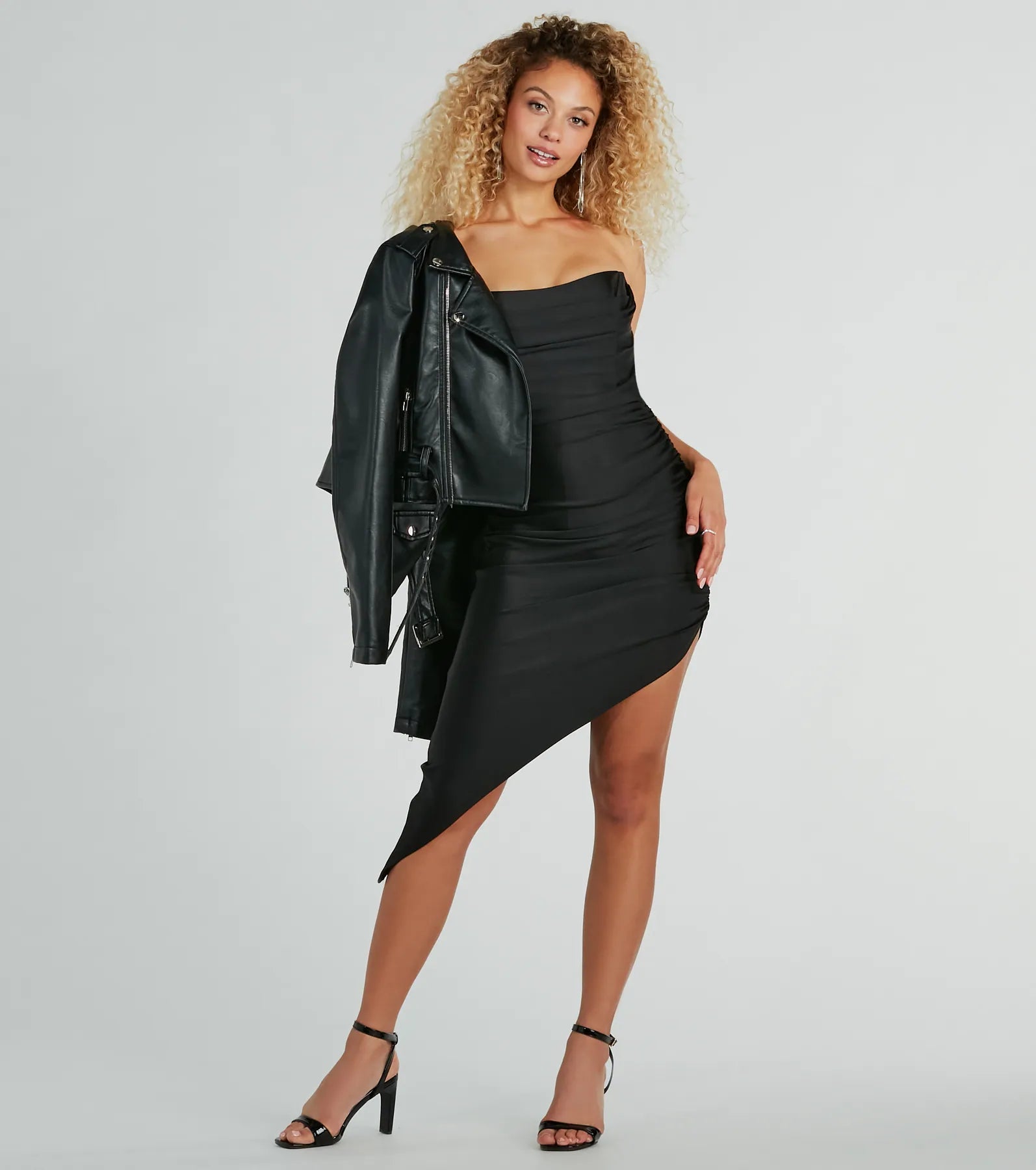 British Style Sultry Drama Strapless Asymmetric Knit Midi Dress
