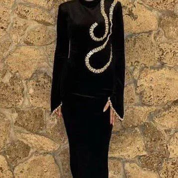 Cozy Fit Wear Aggie Long Sleeve Mock Neck Crystal Embellished Midi Dress