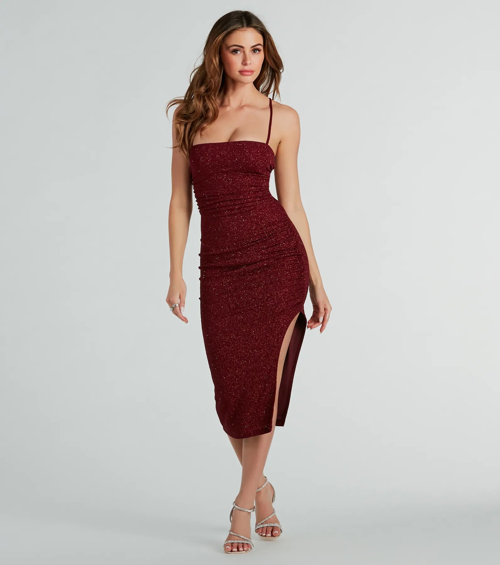 Exquisite Tailoring Adley Formal Glitter Lace-Up Midi Dress