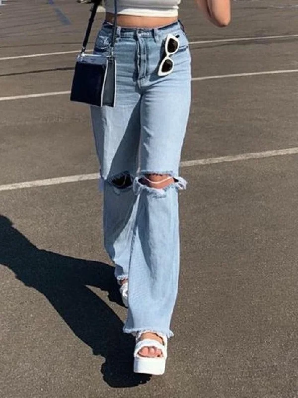 Simple Style Washed High Waist Knee Ripped Jeans