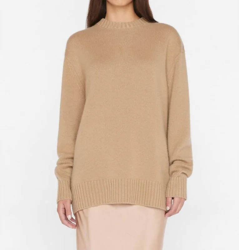 Relaxed Style Boyfriend Cashmere Crew Sweater In Light Camel