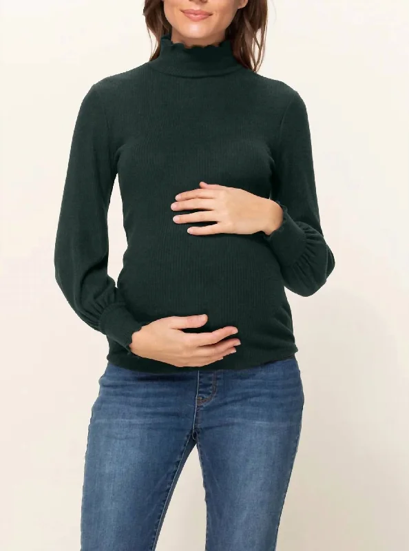 Sporty Elegance Curly Hem Mock Neck Ribbed Sweater Knit Maternity Top In Dark Green