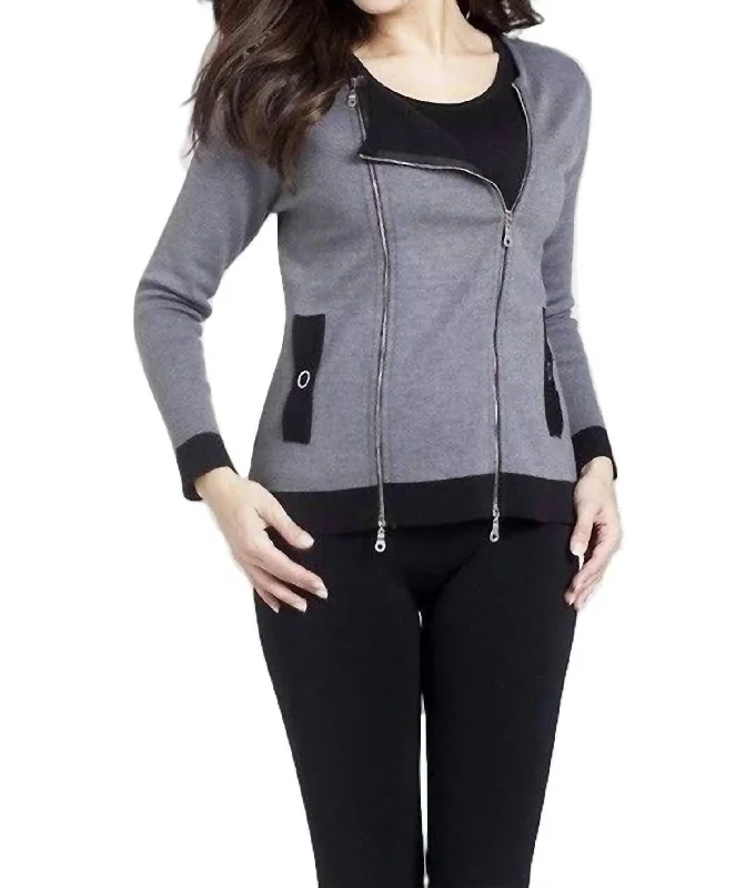 Soft Looks Double Zip Cardigan In Gray/black
