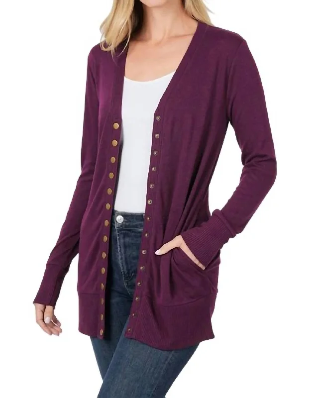 Weekend Style Flora Snap Button Cardigan In Dark Plum