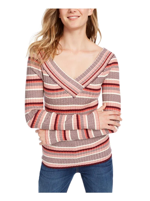 Simple Elegance Juniors Womens Striped V-Neck Pullover Sweater