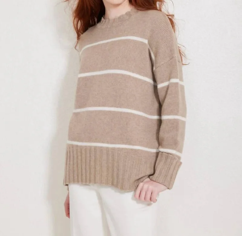 Soft Fashion Mila Cashmere Crewneck Sweater In Latte & Light Grey Stripe