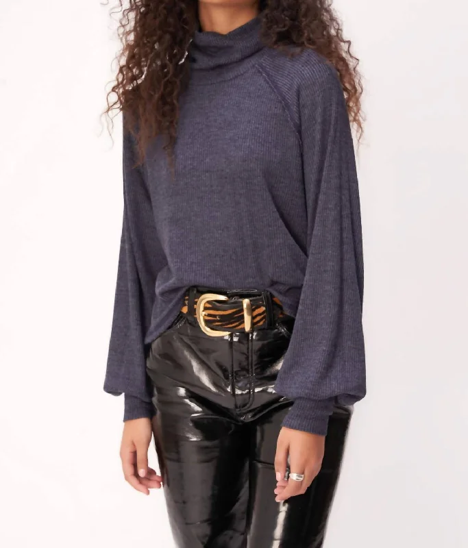 Easy Chic More Love Marled Rib Turtleneck Top In Galaxy Blue