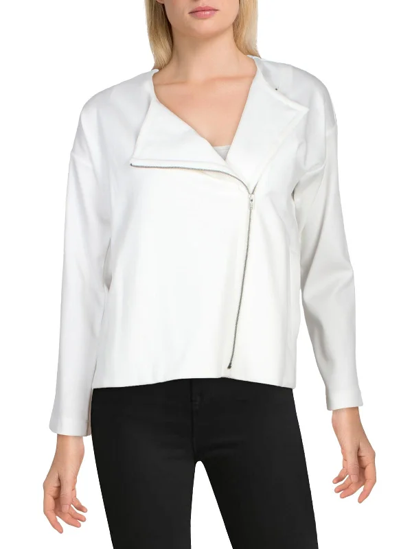 Everyday Comfort Petites Womens Asymmetric Zip Round Neck Full Zip Sweater