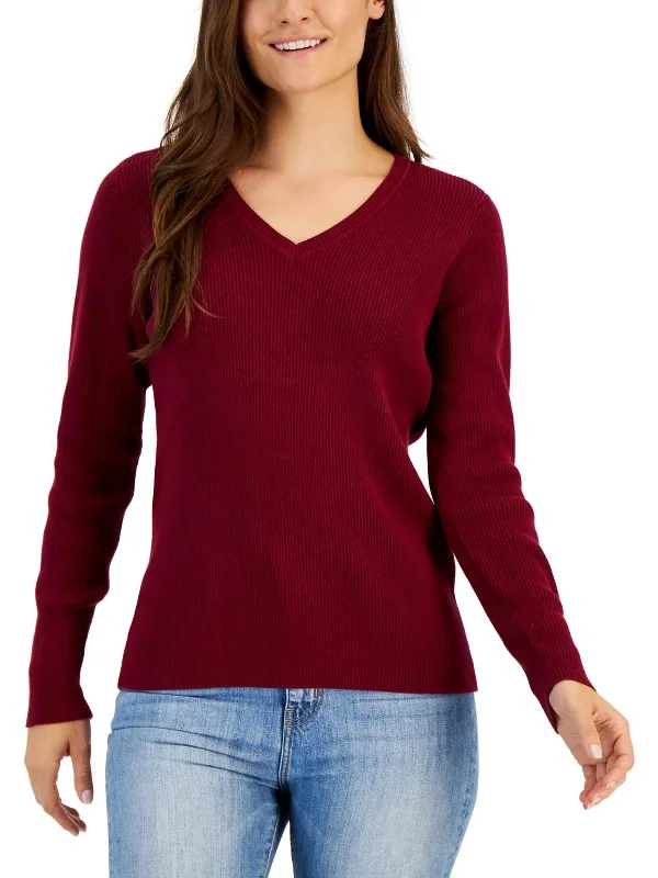 Easy Chic Petites Womens Cotton Ribbed Pullover Sweater