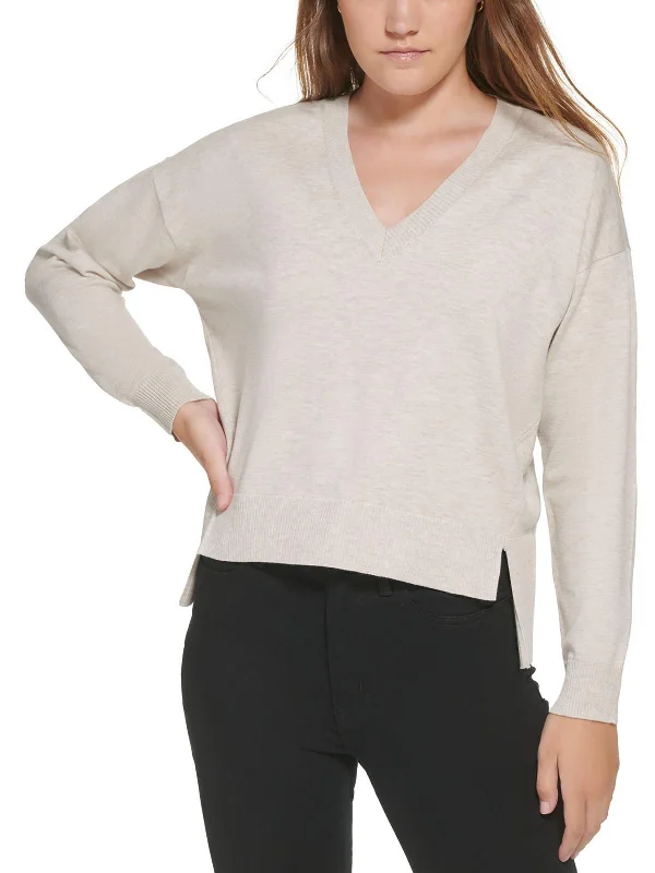 Simple Elegance Petites Womens Ribbed Trim Hi-Low Pullover Sweater