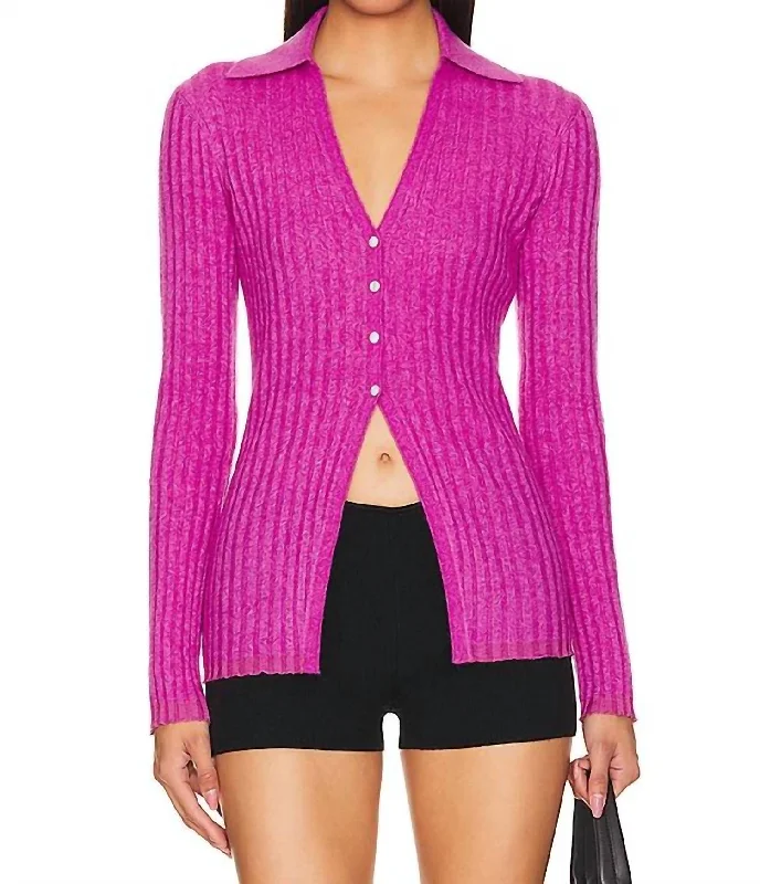 Fashion Comfort Rib Button Cardigan In Fuchsia