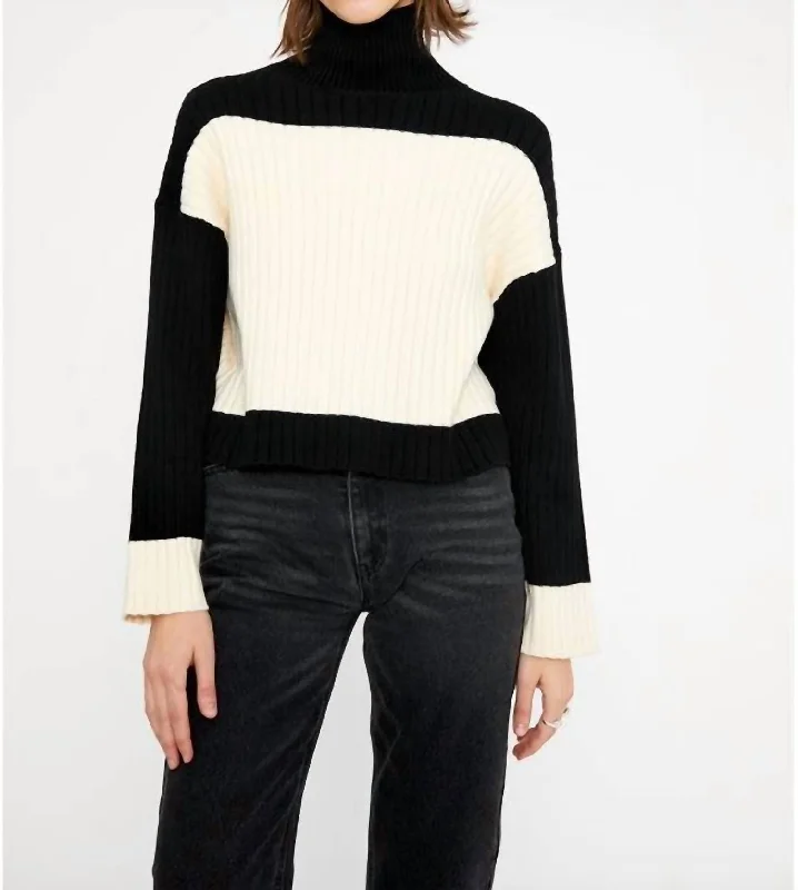 Daily Comfort Ribbed High Neck Sweater In Two Tone Black