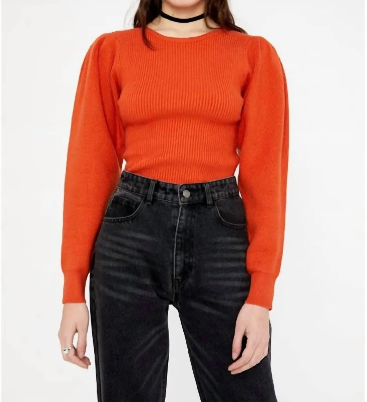 Soft Textures Round Neck Ribbed Sweater In Orange