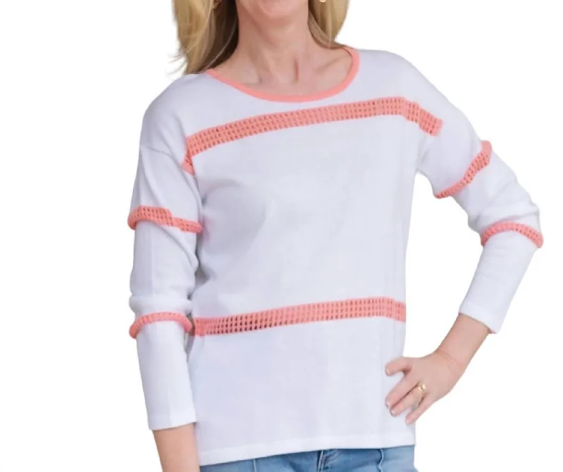 Comfortable Looks Striped Scoopneck Sweater In White/coral