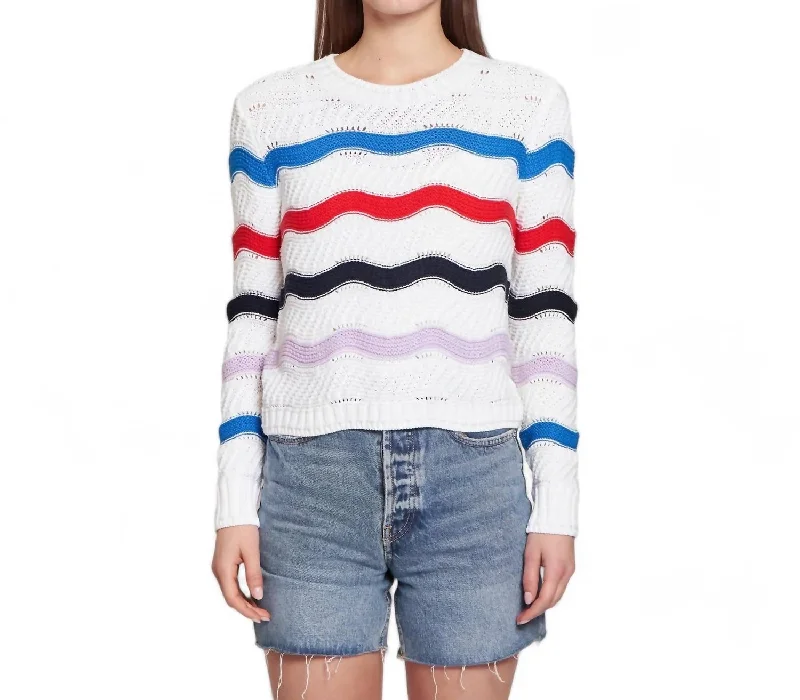 Elegant Wear Wavy Stripe Crew Sweater In White Brights