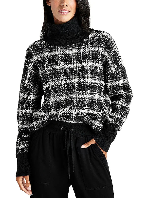 Chic Lounge Womens Plaid Metallic Turtleneck Sweater