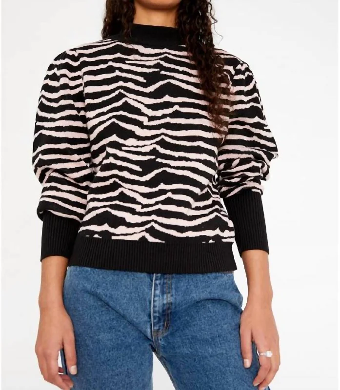Casual Elegance Zebra Print Intarsia-Knit Sweater In Black And White