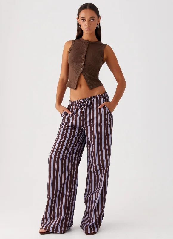 All-Day Wear Fresh Face Linen Pants - Purple Brown Stripe