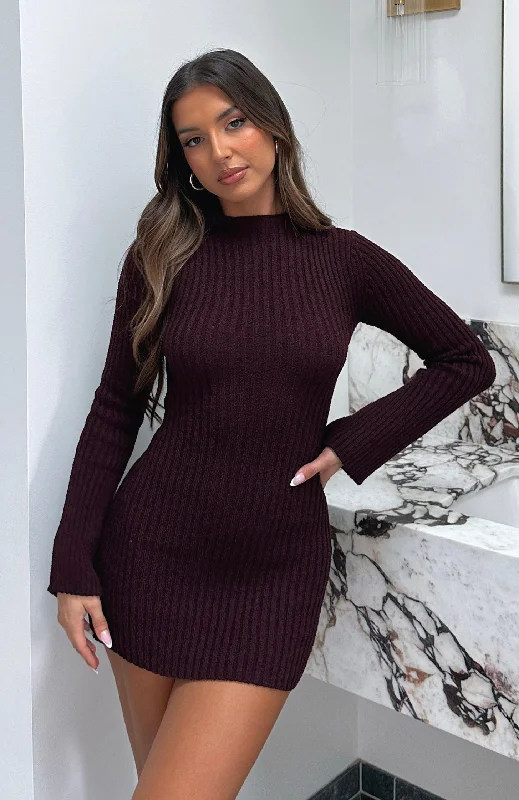 Summer Comfort Get On Down Long Sleeve Knit Mini Dress Plum