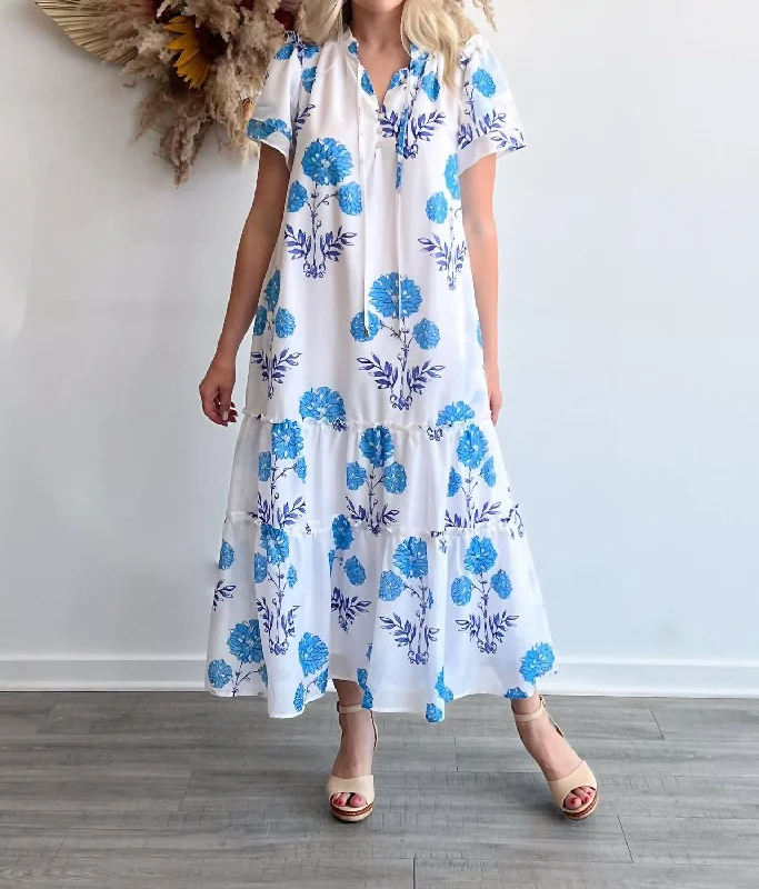 Exquisite Craftsmanship Mae Ruffle Sleeve Midi Dress In White/blue