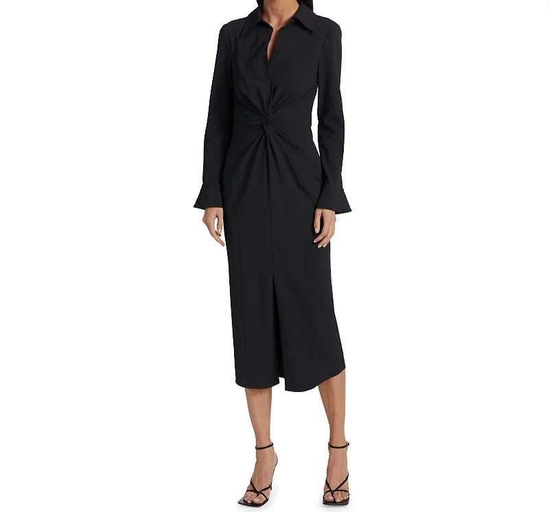Breathable Style Mckenna Long Sleeves Collared Midi Dress In Black