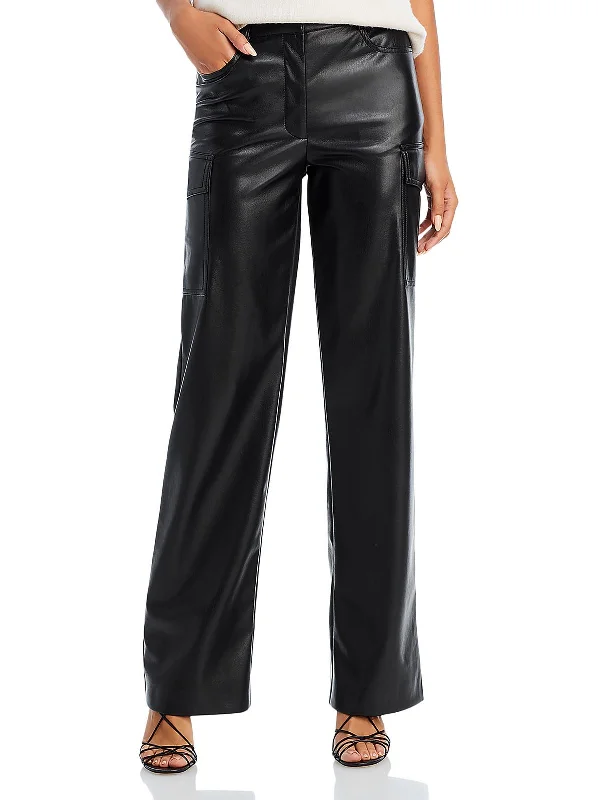 Breathable Style Nate Womens Faux Leather Mid-Rise Cargo Pants