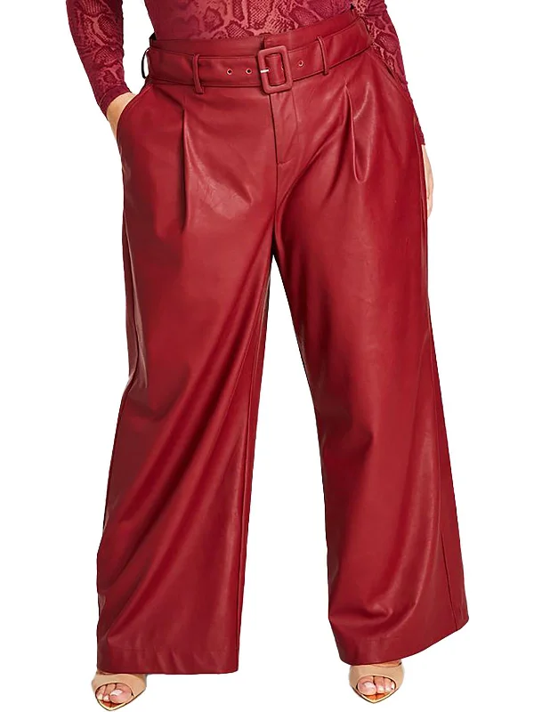 Cozy Shirts Plus Womens Faux Leather Belted Wide Leg Pants