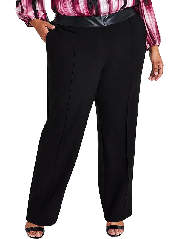 Trends Plus Womens Faux Leather Trim High Rise Wide Leg Pants