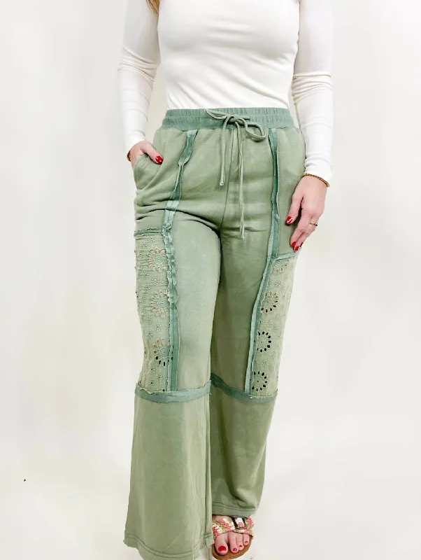 Soft Textures Washed Lace Trim Pants In Green