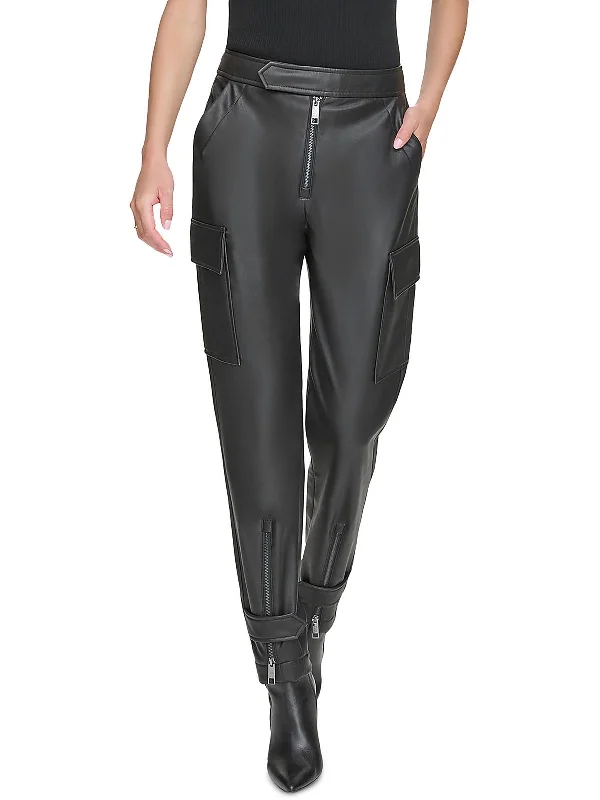 Casual Chic Womens Faux Leather High Rise Cargo Pants