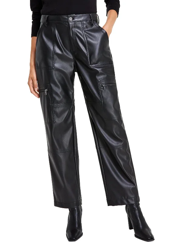 Smart Casuals Womens Faux Leather Trim Zip Pockets Cargo Pants