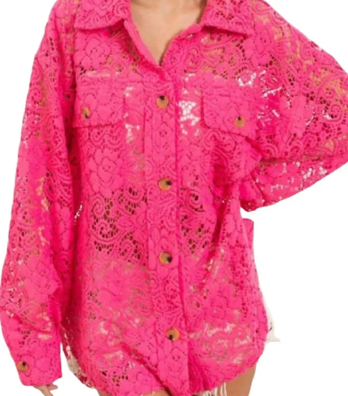 Minimal Comfort Button Down Lace Shacket In Neon Pink